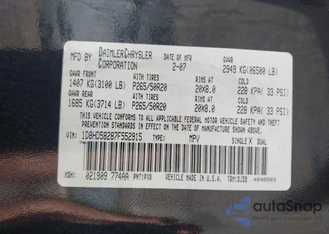 2007 Dodge Durango Limited from USA, damaged, VIN 1D8HD58287F552915